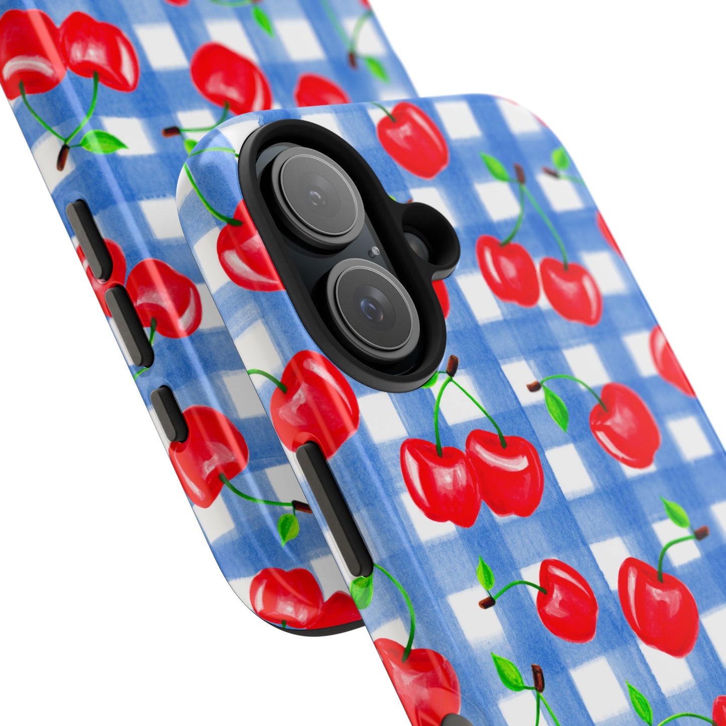 Tossed Red Watercolor Illustrated Cherries Light Blue Gingham Tough Phone Case | Various Models