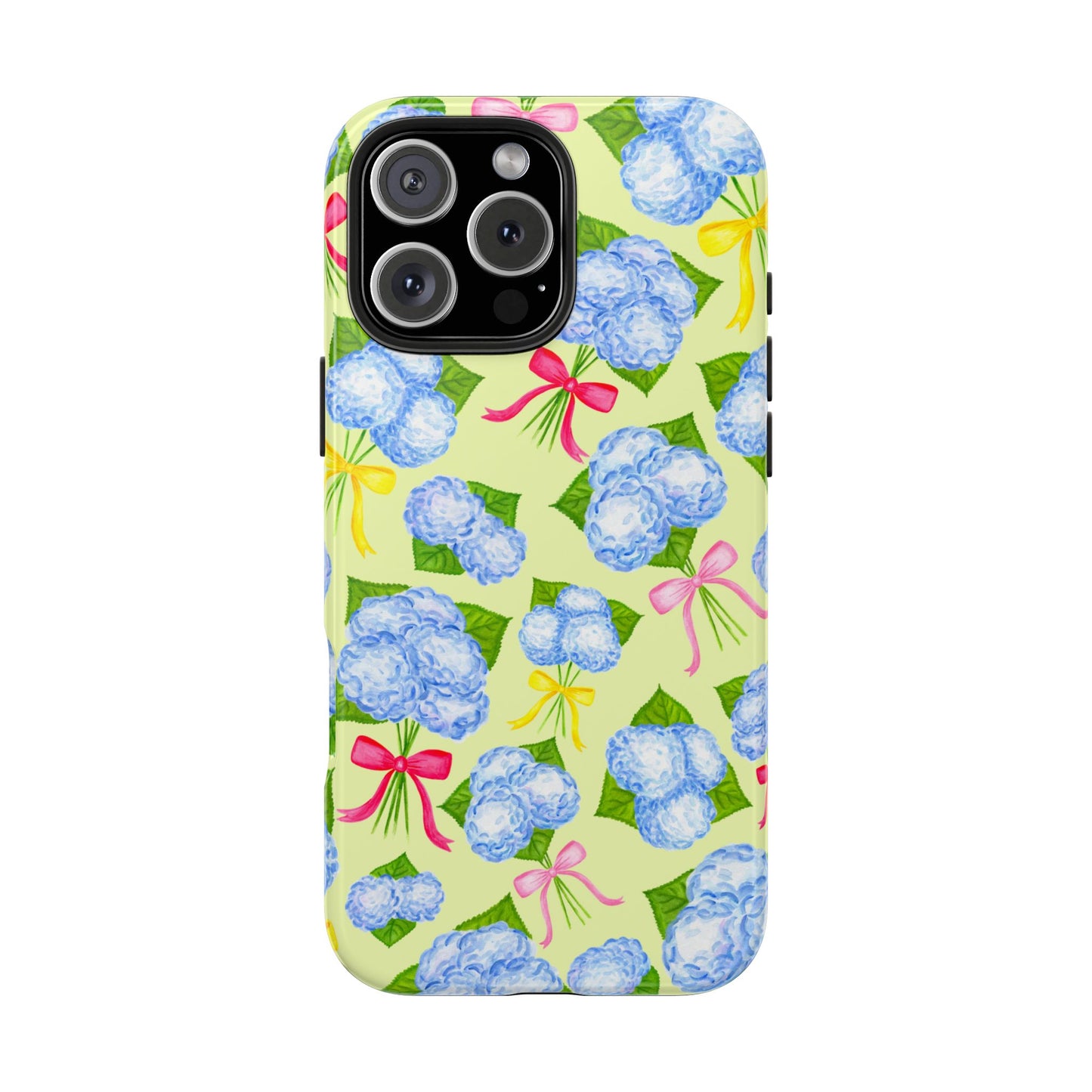 Blue Watercolor Hydrangea Bunches with Hot Pink, Yellow, Light Pink Bows Illustrated Patterned Yellow Tough Phone Case | Various Models