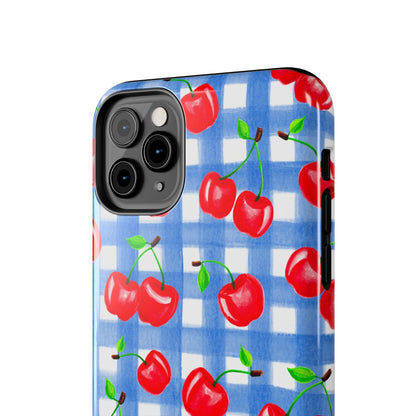 Tossed Red Watercolor Illustrated Cherries Light Blue Gingham Tough Phone Case | Various Models