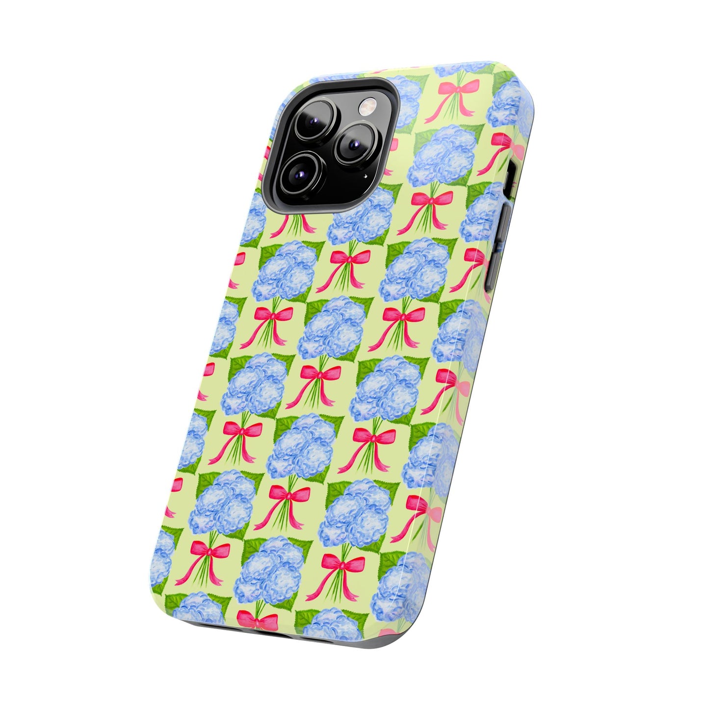 Blue Watercolor Hydrangea Bouquets with Hot Pink Bows Illustrated Patterned Yellow Preppy Grand Millenial Tough Phone Case | Various Models