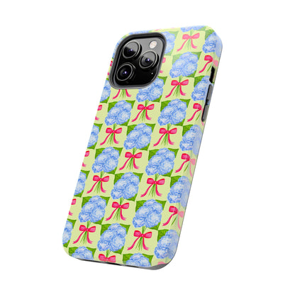 Blue Watercolor Hydrangea Bouquets with Hot Pink Bows Illustrated Patterned Yellow Preppy Grand Millenial Tough Phone Case | Various Models