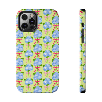 Watercolor Blue Hydrangea Bouquets with Hot Pink and Light Pink Bow Ribbons Illustrated Pattern Yellow Tough Phone Case | Various Models