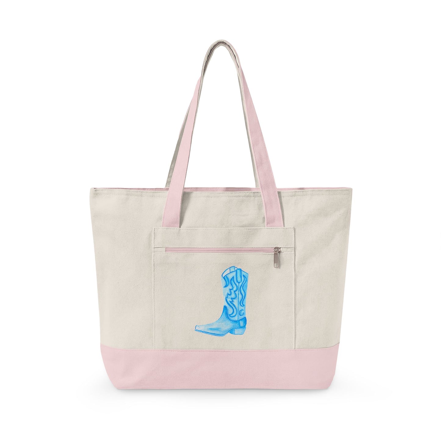 Light Blue Cowboy Boot Watercolor Printed Zippered Canvas Tote 18" x 14" | Various Colors