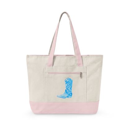 Light Blue Cowboy Boot Watercolor Printed Zippered Canvas Tote 18" x 14" | Various Colors