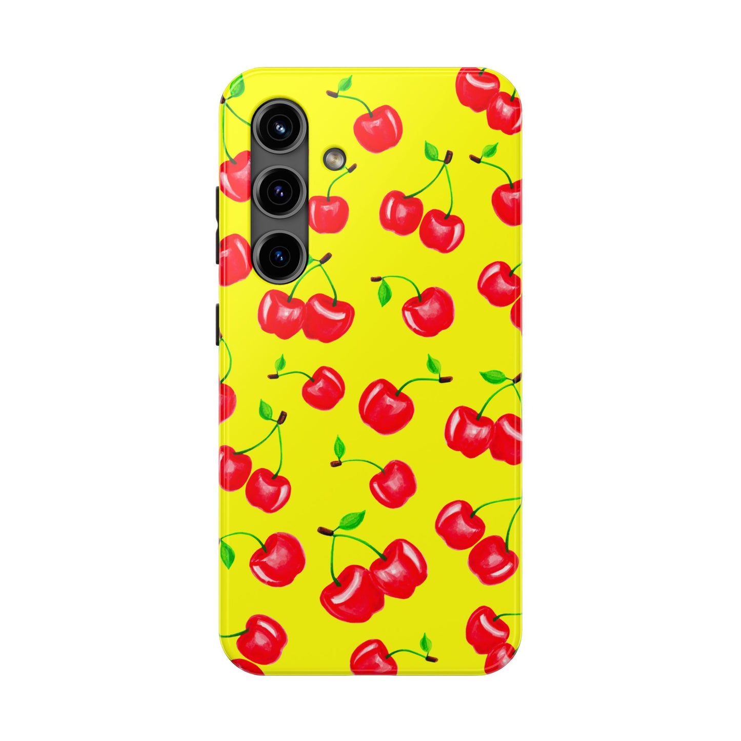 Tossed Red Watercolor Cherries Illustrated Pattern Bright Yellow Tough Phone Case | Various Models