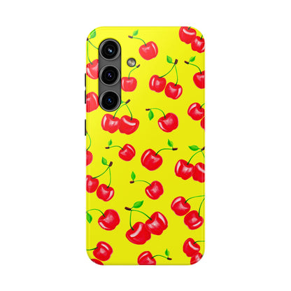 Tossed Red Watercolor Cherries Illustrated Pattern Bright Yellow Tough Phone Case | Various Models