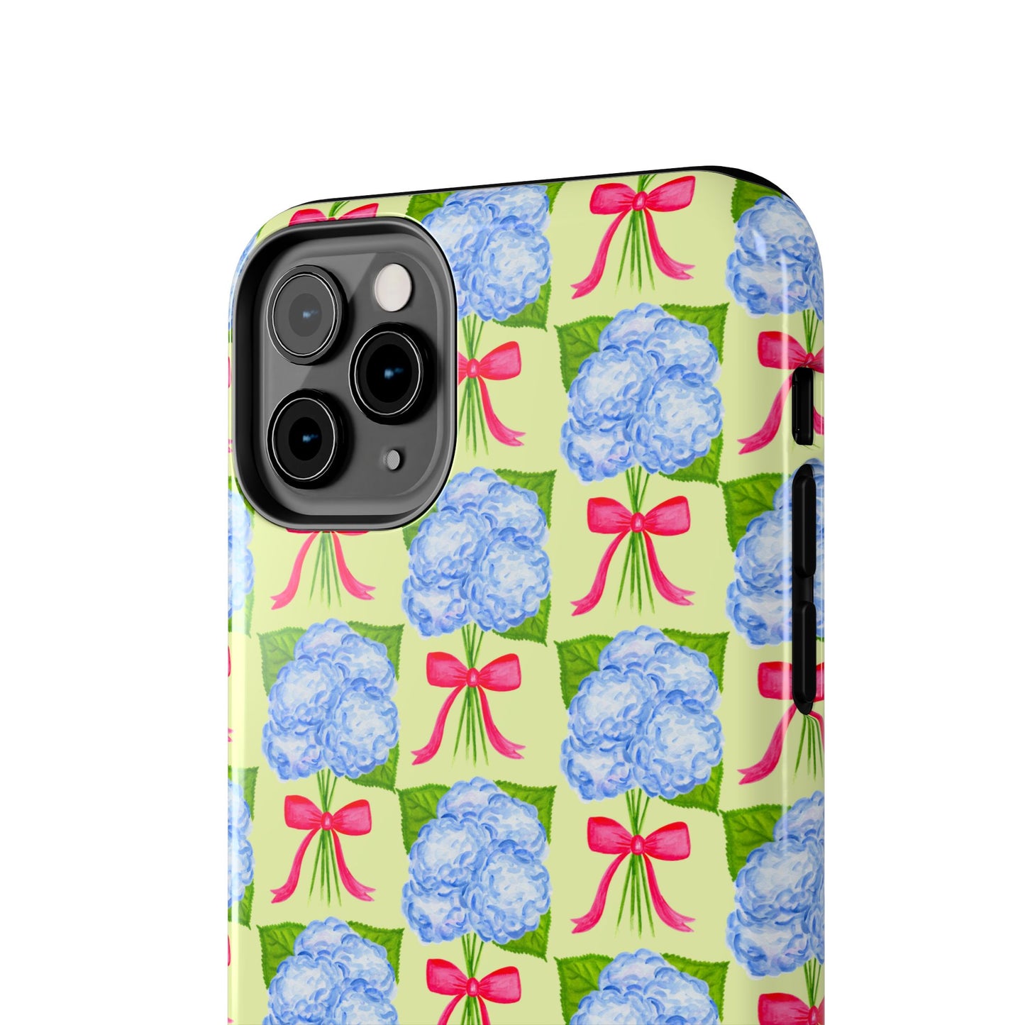 Blue Watercolor Hydrangea Bouquets with Hot Pink Bows Illustrated Patterned Yellow Preppy Grand Millenial Tough Phone Case | Various Models