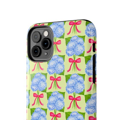 Blue Watercolor Hydrangea Bouquets with Hot Pink Bows Illustrated Patterned Yellow Preppy Grand Millenial Tough Phone Case | Various Models