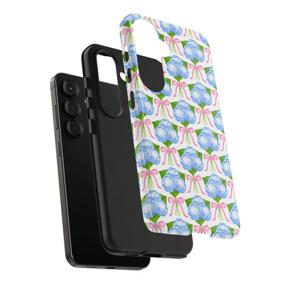 Blue Watercolor Hydrangea Bouqets with Light Pink Bows Watercolor Illustrated Patterned Tough Phone Case | Various Models