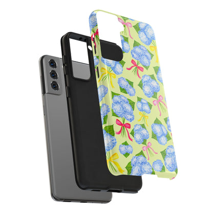 Blue Watercolor Hydrangea Bunches with Hot Pink, Yellow, Light Pink Bows Illustrated Patterned Yellow Tough Phone Case | Various Models