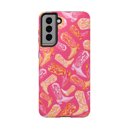 Tossed Hot Pink & Orange Watercolor Cowboy Boots Hot Pink Tough Phone Cases | Various Models Samsung Galaxy S21
