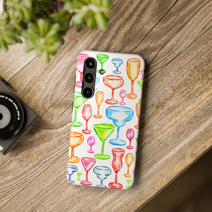 Monochromatic Margarita, Wine, Martini, and Champagne Flute Cocktail Glasses Watercolor Illustrated Tough Phone Case | Various Models Available