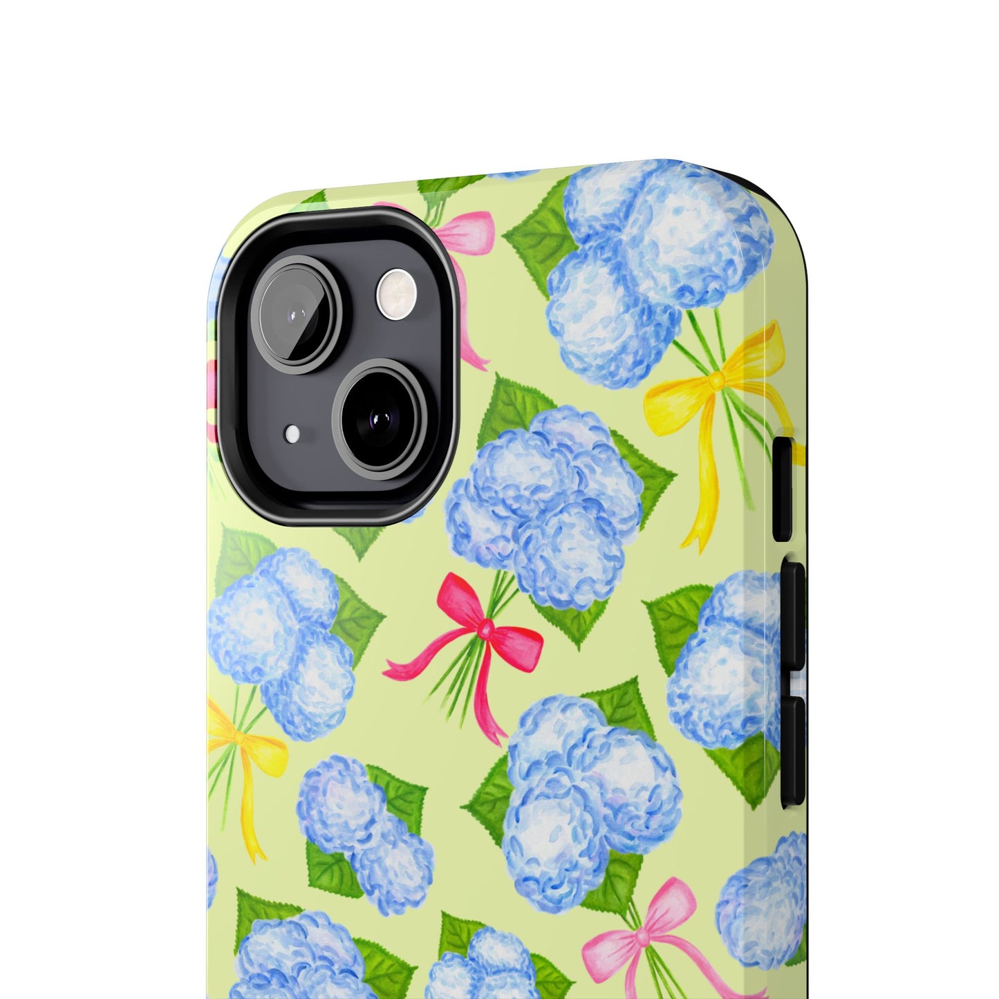 Blue Watercolor Hydrangea Bunches with Hot Pink, Yellow, Light Pink Bows Illustrated Patterned Yellow Tough Phone Case | Various Models