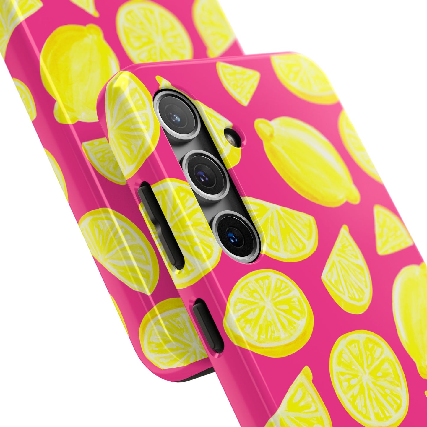 Bright Yellow Lemons Watercolor Illustrated Tossed Pattern Watermelon Pink Tough Phone Case | Various Models