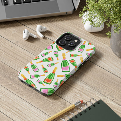 Tossed Pink and Green & Orange and Green Watercolor Illustrated Champagne Bottles Pattern Tough Phone Case | Various Models