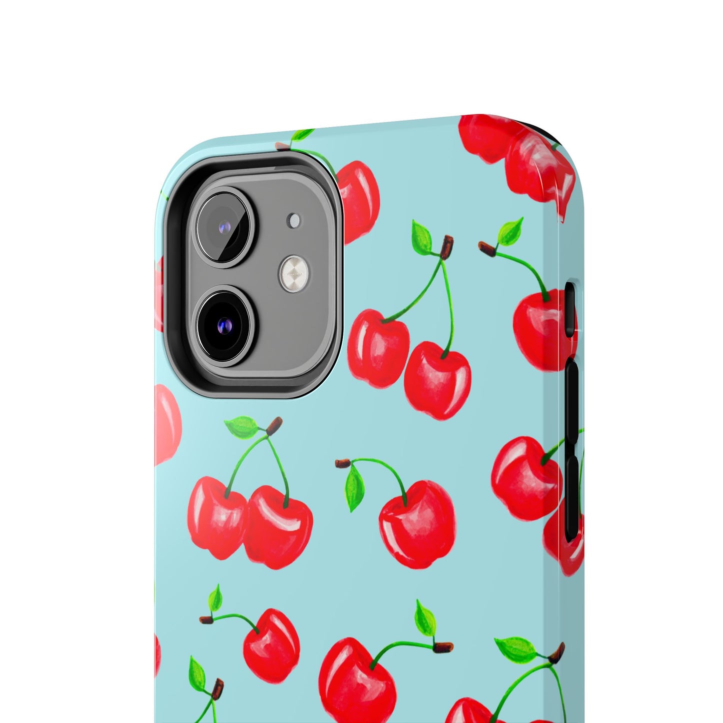 Tossed Red Watercolor Cherries Illustrated Pattern Bright Blue Tough Phone Case | Various Models