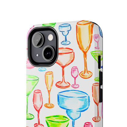 Monochromatic Margarita, Wine, Martini, and Champagne Flute Cocktail Glasses Watercolor Illustrated Tough Phone Case | Various Models Available