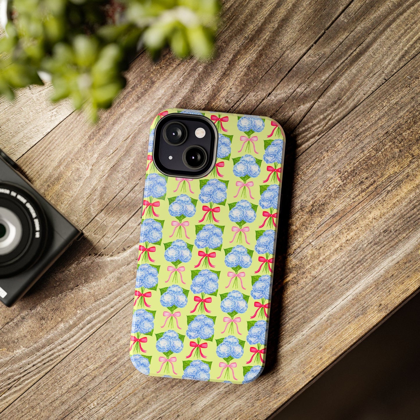 Watercolor Blue Hydrangea Bouquets with Hot Pink and Light Pink Bow Ribbons Illustrated Pattern Yellow Tough Phone Case | Various Models