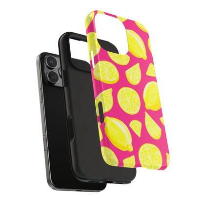 Bright Yellow Lemons Watercolor Illustrated Tossed Pattern Watermelon Pink Tough Phone Case | Various Models