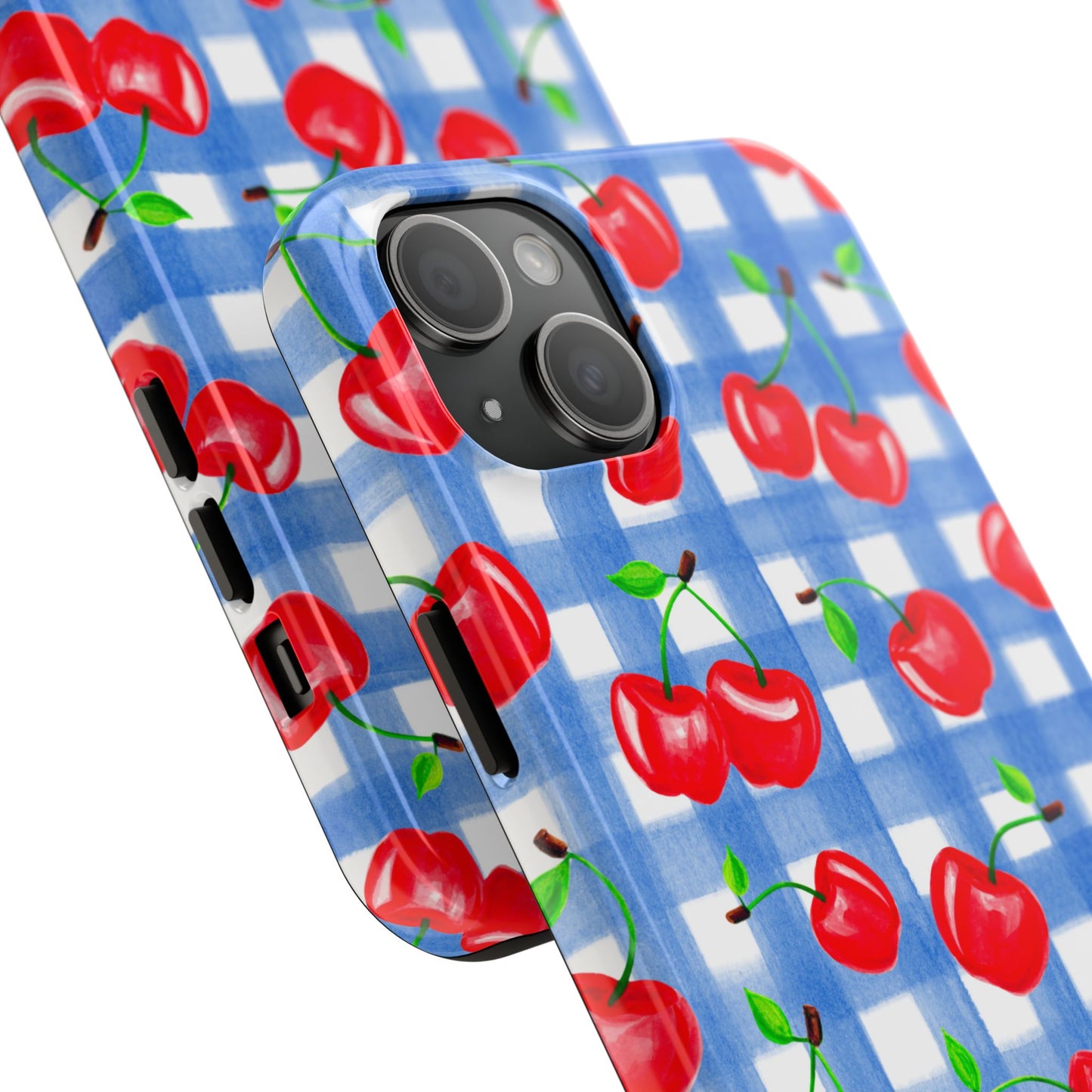 Tossed Red Watercolor Illustrated Cherries Light Blue Gingham Tough Phone Case | Various Models