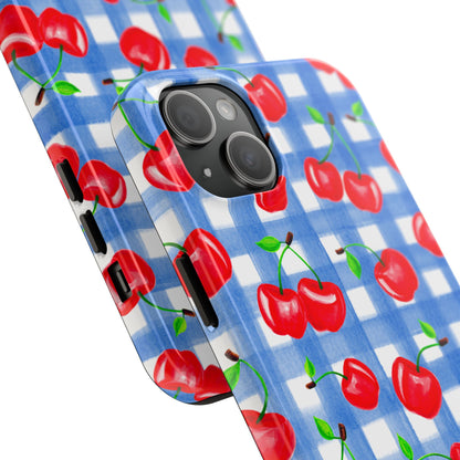 Tossed Red Watercolor Illustrated Cherries Light Blue Gingham Tough Phone Case | Various Models