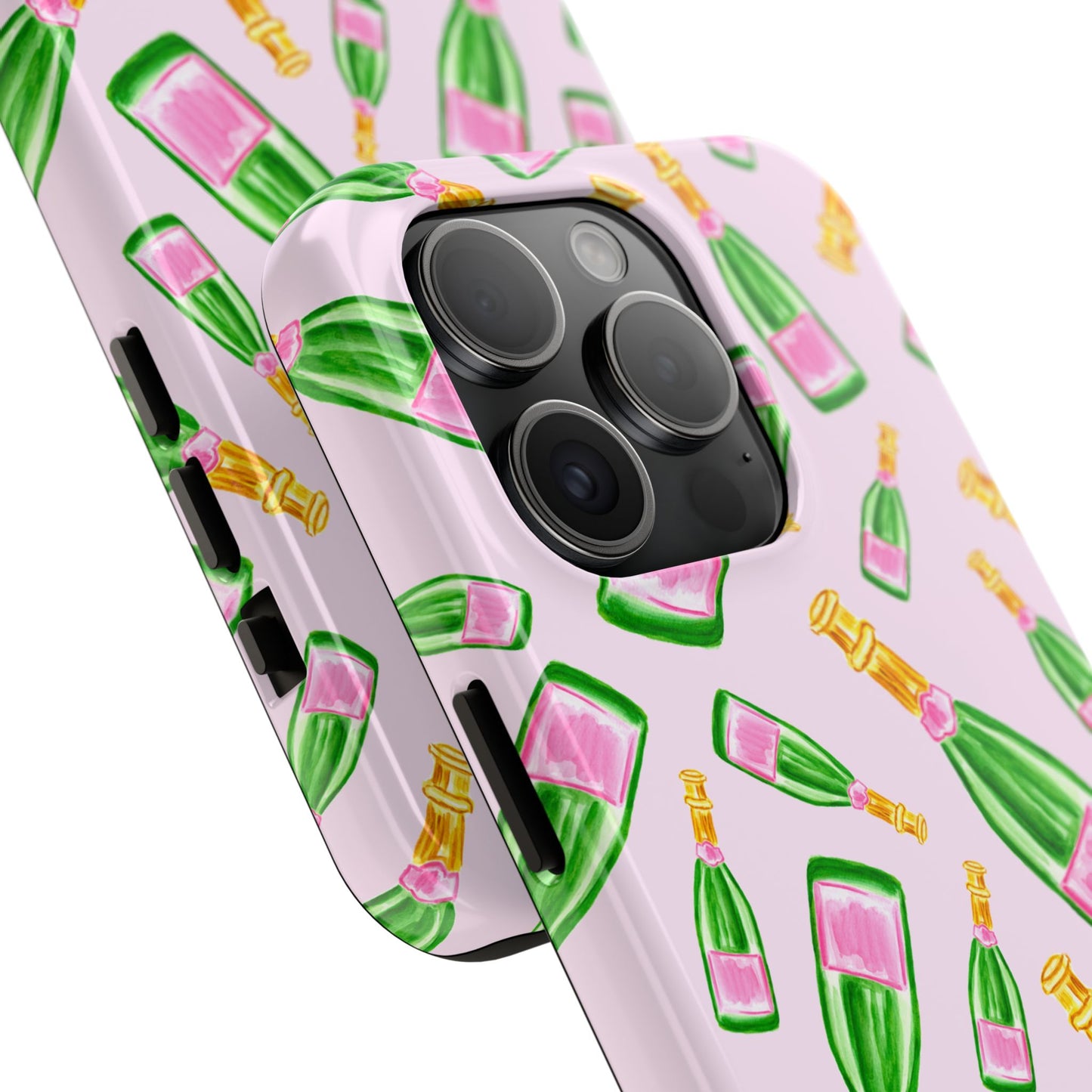 Tossed Pink and Green Watercolor Illustrated Champagne Bottles Pattern Blush Pink Tough Phone Case | Various Models
