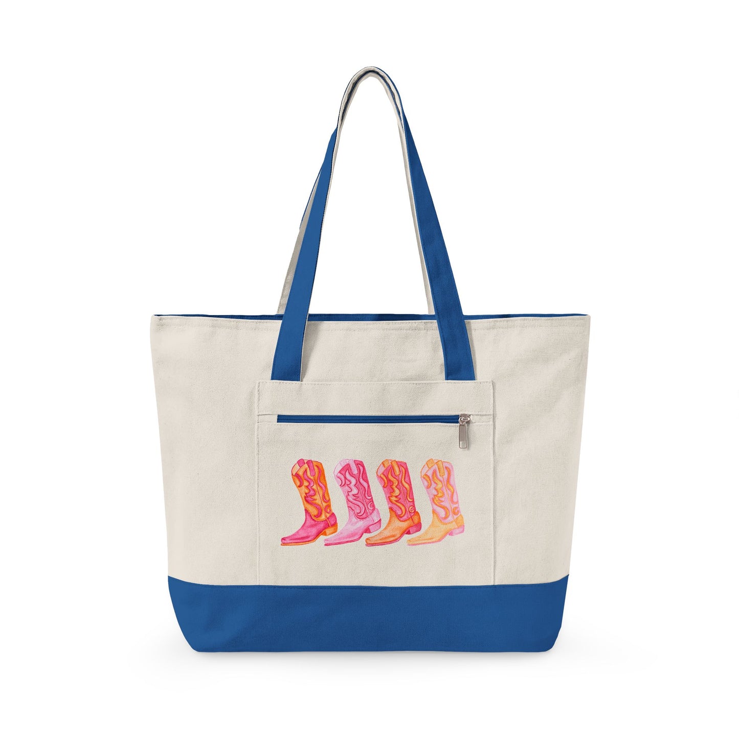 Row of Hot Pink & Orange Cowboy Boots Watercolor Printed Zippered Canvas Tote 18" x 14" | Various Colors