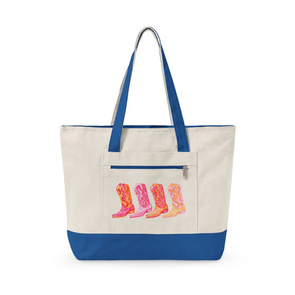 Row of Hot Pink & Orange Cowboy Boots Watercolor Printed Zippered Canvas Tote 18" x 14" | Various Colors