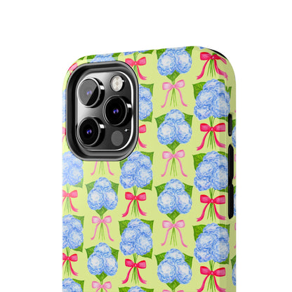 Watercolor Blue Hydrangea Bouquets with Hot Pink and Light Pink Bow Ribbons Illustrated Pattern Yellow Tough Phone Case | Various Models