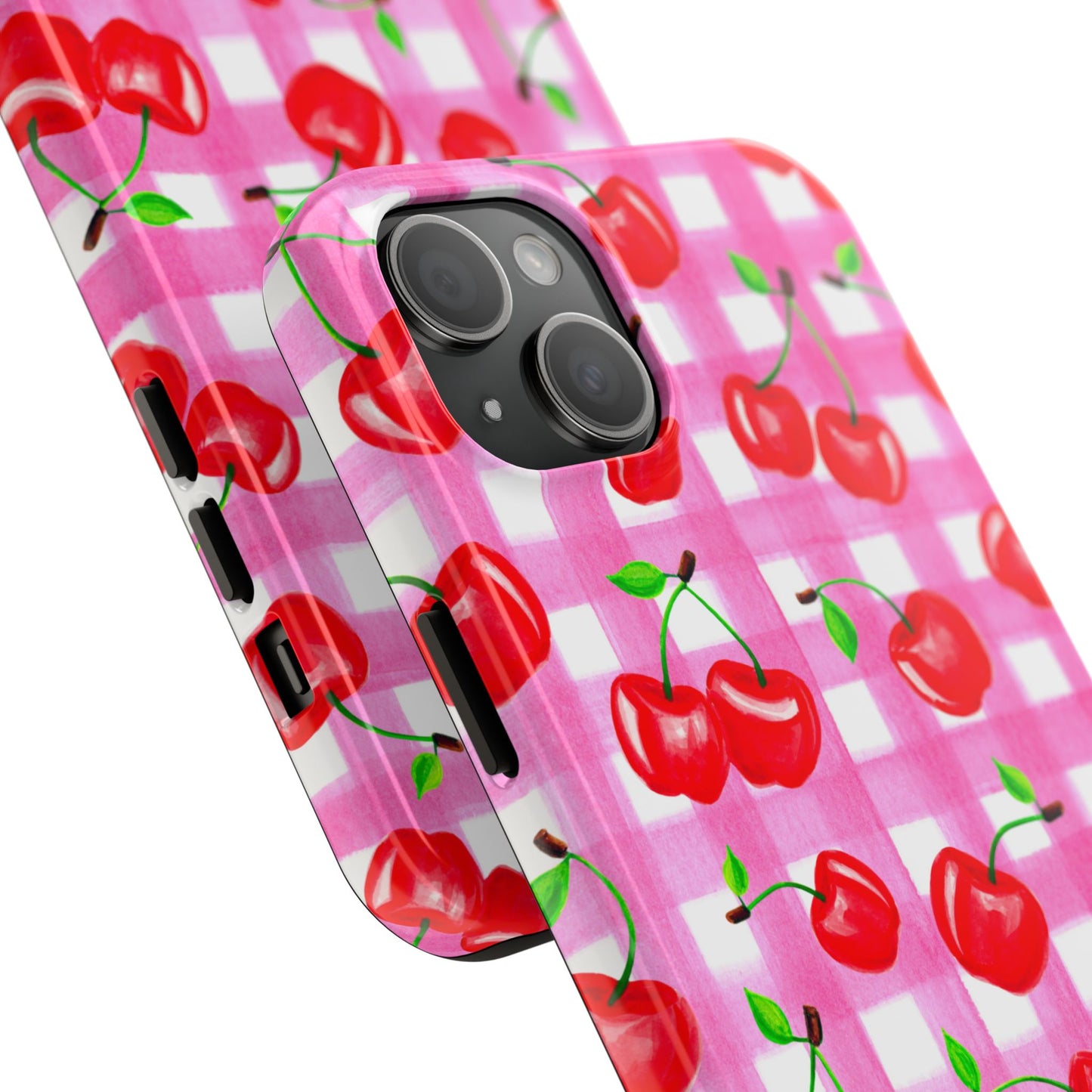 Tossed Red Watercolor Cherries Illustrated Pattern Light Pink Gingham Tough Phone Case | Various Models