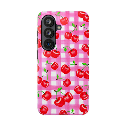 Tossed Red Watercolor Cherries Illustrated Pattern Light Pink Gingham Tough Phone Case | Various Models