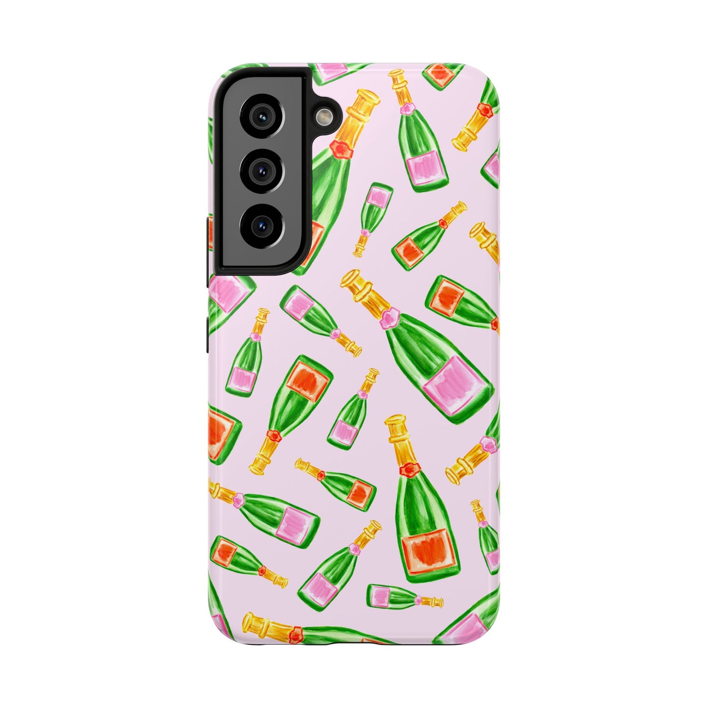 Tossed Pink and Green & Orange and Green Watercolor Illustrated Champagne Bottles Pattern Blush Pink Tough Phone Case | Various Models