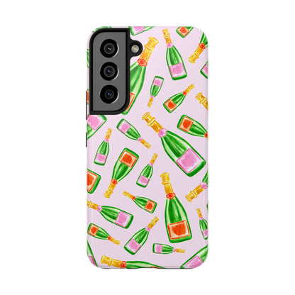 Tossed Pink and Green & Orange and Green Watercolor Illustrated Champagne Bottles Pattern Blush Pink Tough Phone Case | Various Models