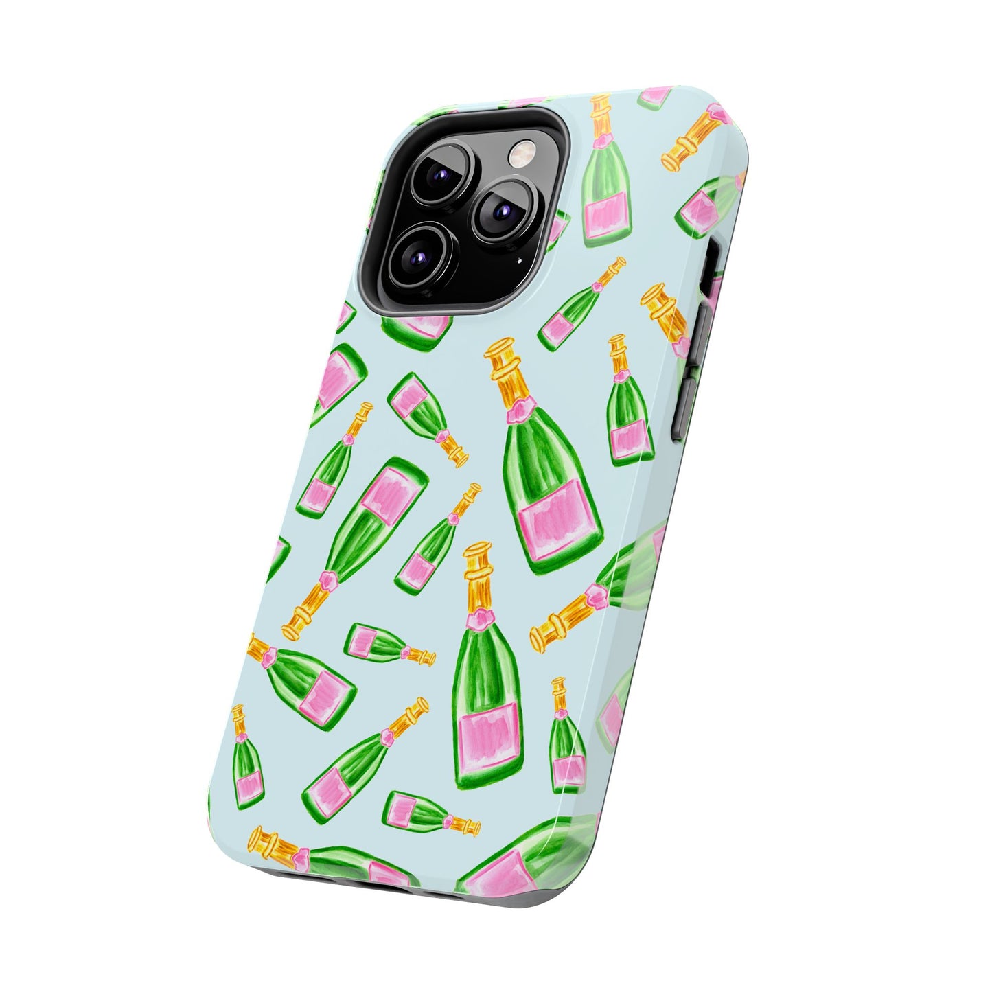 Tossed Pink and Green Watercolor Illustrated Champagne Bottles Pattern Light Blue Tough Phone Case | Various Models