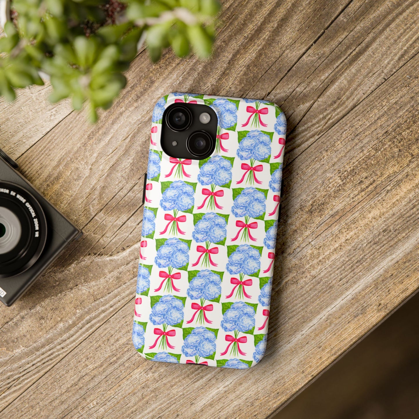 Blue Watercolor Hydrangea Bouquets with Hot Pink Bows Illustrated Patterned Tough Phone Case | Various Models