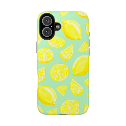 Bright Yellow Lemons Watercolor Illustrated Tossed Pattern Mint Green Tough Phone Case | Various Models