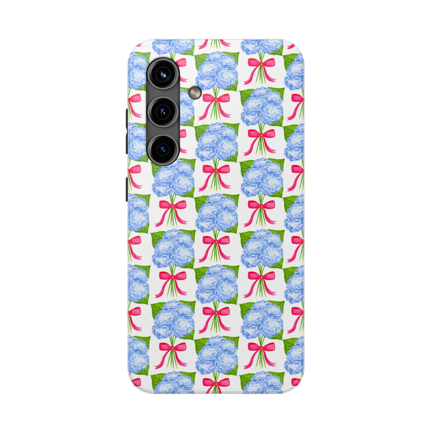 Blue Watercolor Hydrangea Bouquets with Hot Pink Bows Illustrated Patterned Tough Phone Case | Various Models