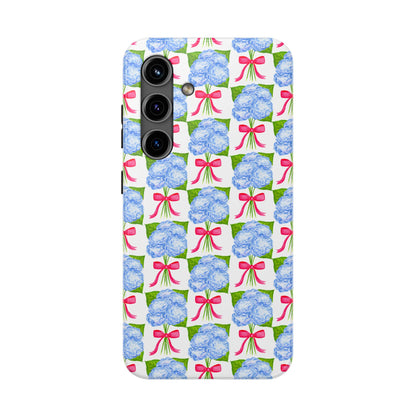 Blue Watercolor Hydrangea Bouquets with Hot Pink Bows Illustrated Patterned Tough Phone Case | Various Models