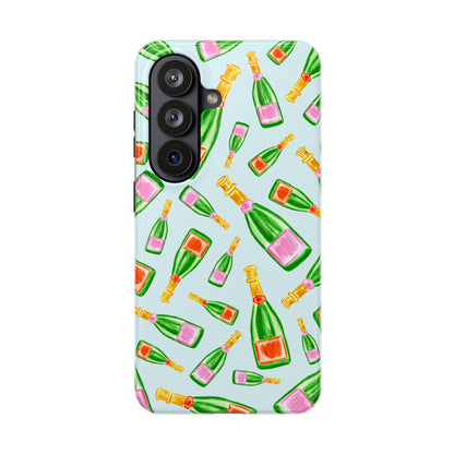 Tossed Pink and Green & Orange and Green Watercolor Illustrated Champagne Bottles Pattern Light Blue Tough Phone Case | Various Models