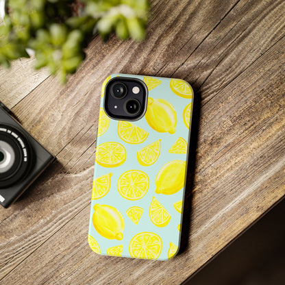 Bright Yellow Lemons Watercolor Illustrated Tossed Pattern Light Blue Tough Phone Case | Various Models