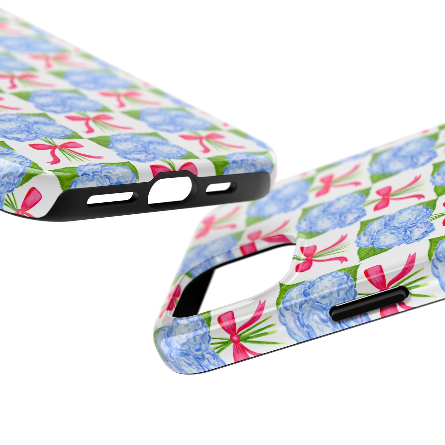 Blue Watercolor Hydrangea Bouquets with Hot Pink Bows Illustrated Patterned Tough Phone Case | Various Models