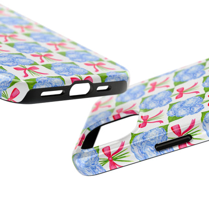 Blue Watercolor Hydrangea Bouquets with Hot Pink Bows Illustrated Patterned Tough Phone Case | Various Models