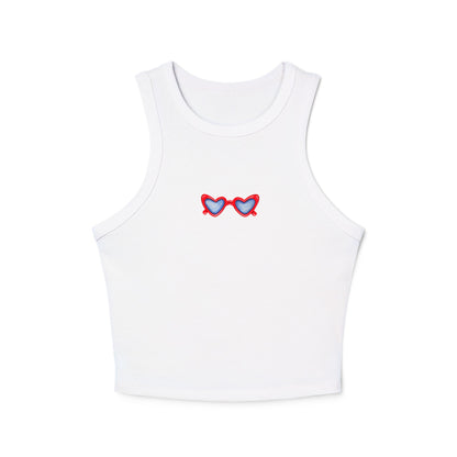 Red White & Blue Heart Shaped Glasses Printed Women's Micro Rib Racer Tank Top