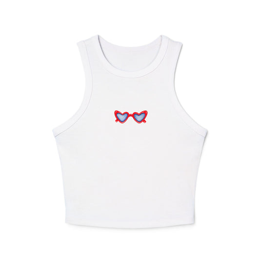 Red White & Blue Heart Shaped Glasses Printed Women's Micro Rib Racer Tank Top