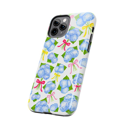 Blue Watercolor Hydrangea Bunches with Hot Pink, Yellow, Light Pink Bows Illustrated Patterned Tough Phone Case | Various Models