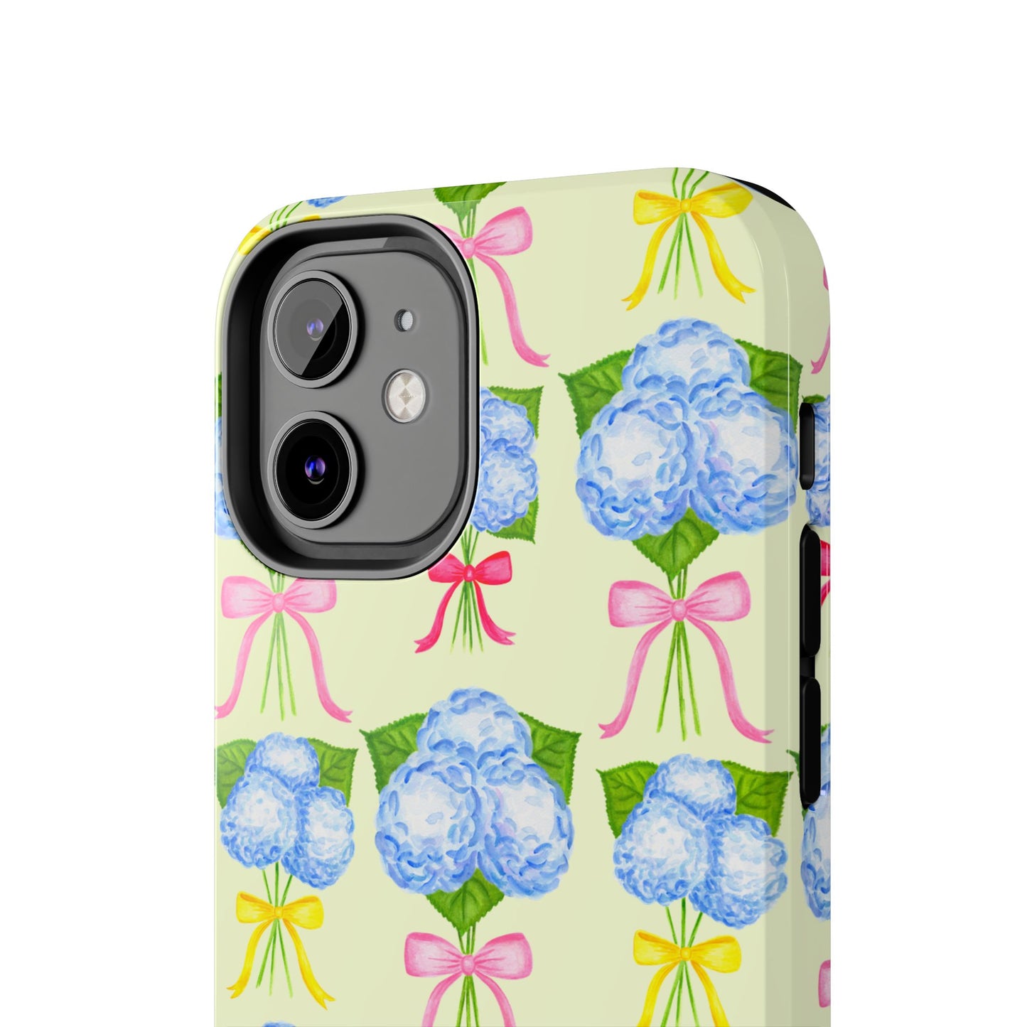 Blue Hydrangeas with Hot Pink, Yellow, Light Pink Bows Watercolor Illustrated Patterned Light Yellow Tough Phone Case | Various Models