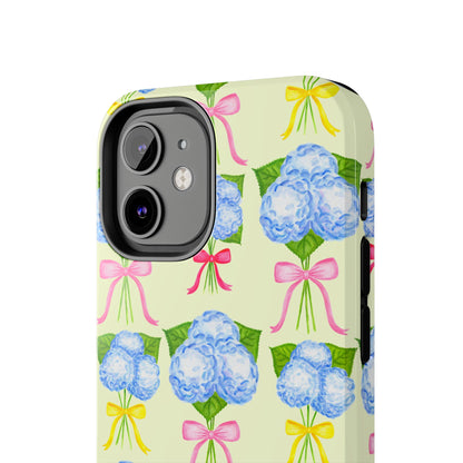 Blue Hydrangeas with Hot Pink, Yellow, Light Pink Bows Watercolor Illustrated Patterned Light Yellow Tough Phone Case | Various Models