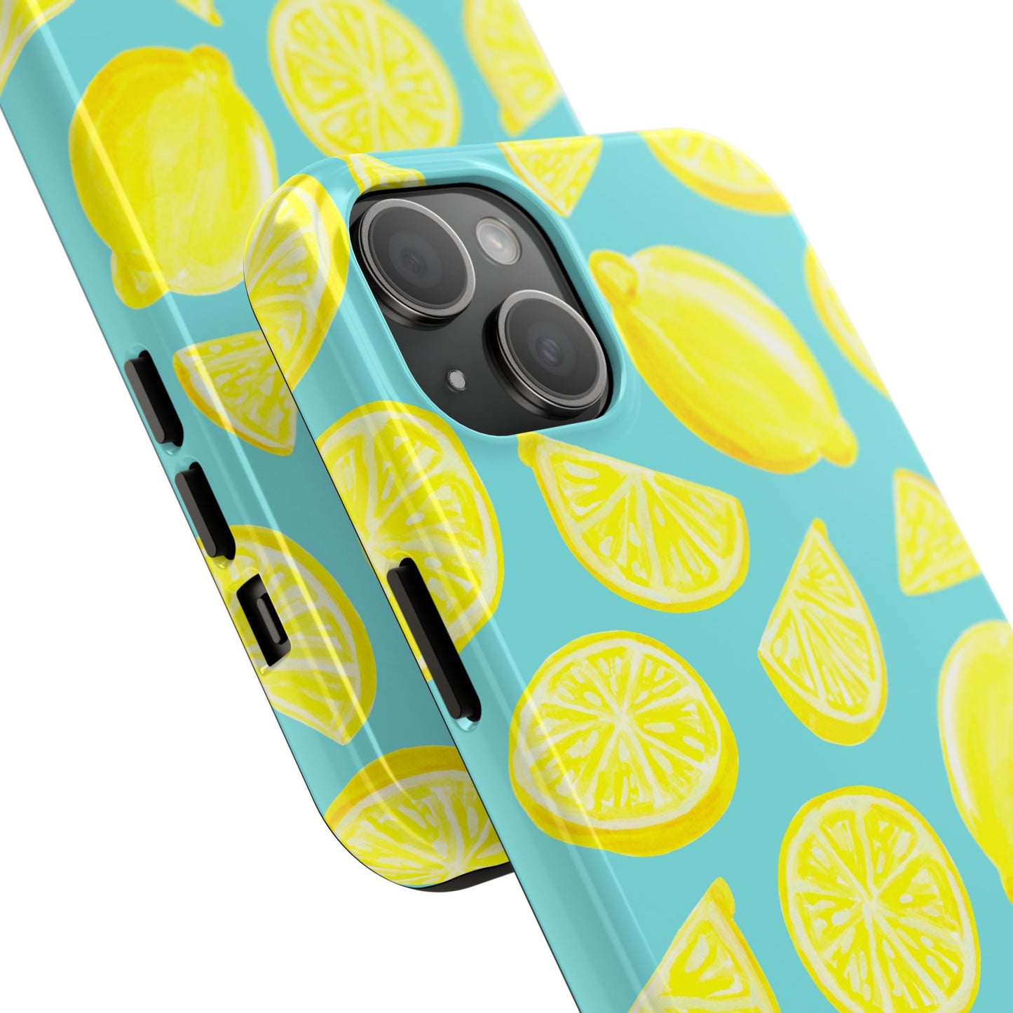 Bright Yellow Lemons Watercolor Illustrated Tossed Pattern Turquoise Blue Tough Phone Case | Various Models