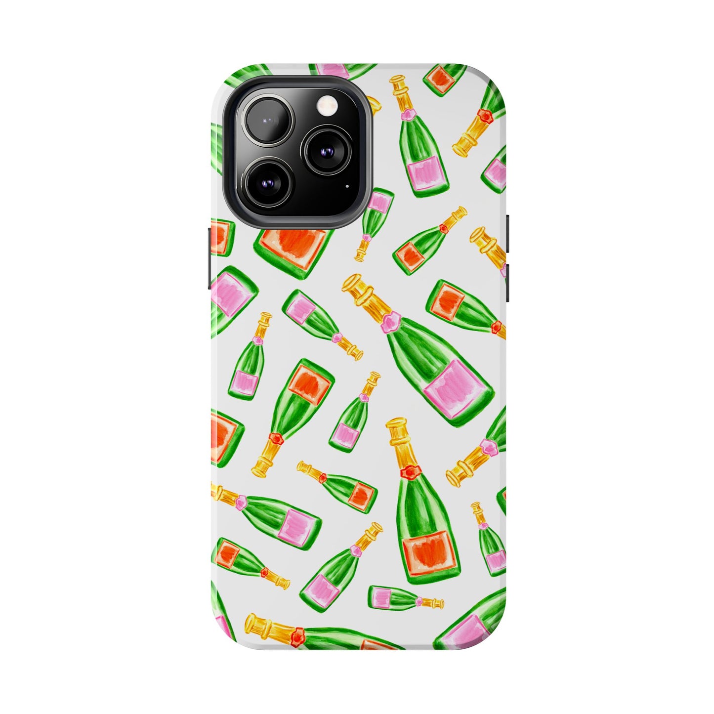 Tossed Pink and Green & Orange and Green Watercolor Illustrated Champagne Bottles Pattern Tough Phone Case | Various Models