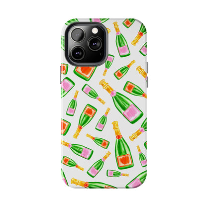 Tossed Pink and Green & Orange and Green Watercolor Illustrated Champagne Bottles Pattern Tough Phone Case | Various Models